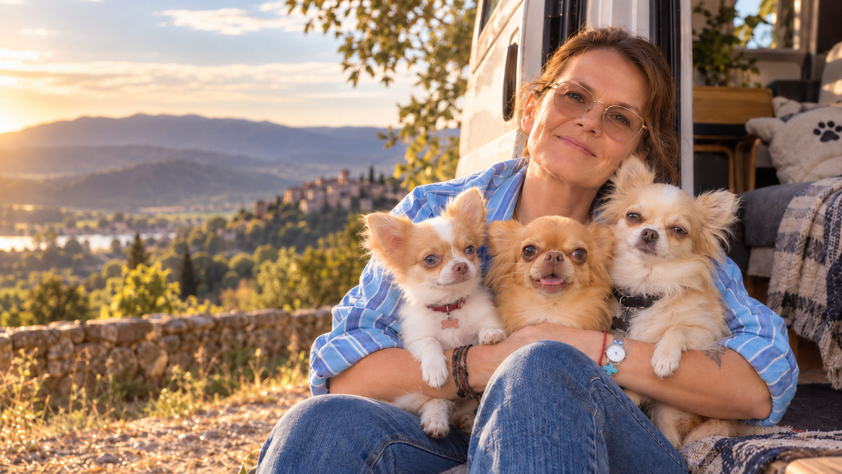 Portrait validé d’Aline avec ses trois chihuahuas, à l’entrée d’un van
