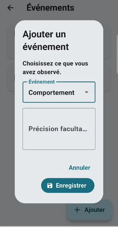 Écran réel Genimo : Ajouter un événement, catégorie et précision facultative